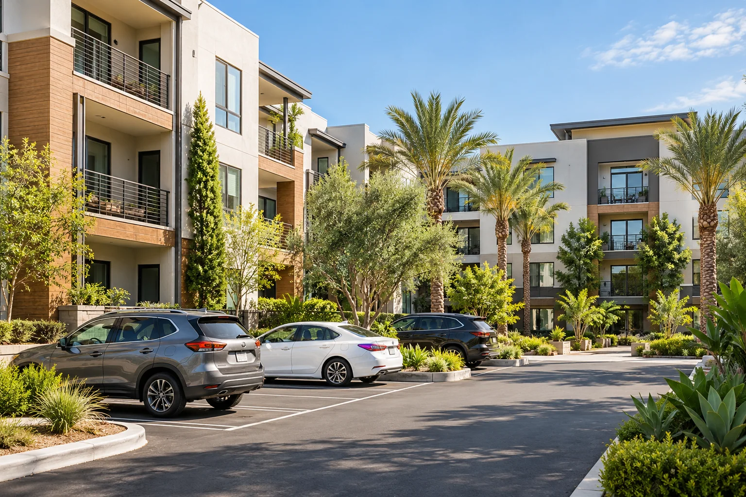 Multifamily apartment community with landscaped grounds and resident parking.