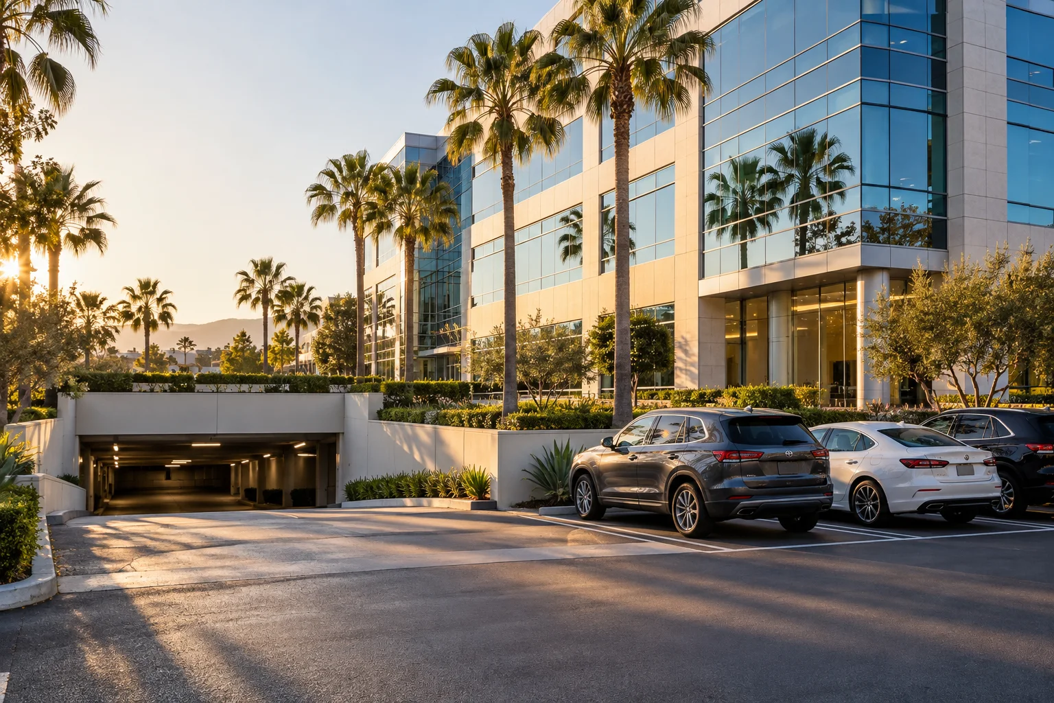 Modern Southern California office building with a professionally operated parking garage.