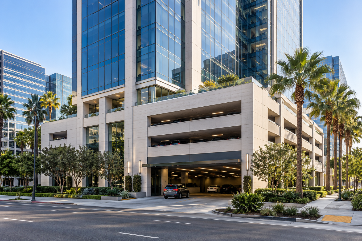 Modern commercial parking garage connected to a Southern California office building, with vehicles entering the property.